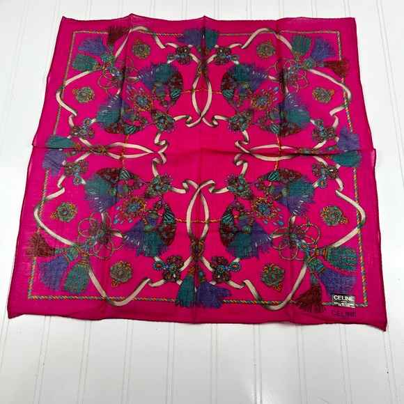 Celine Paris Pink Blue Gold Multi Color Scarf Handkerchief - Picture 4 of 7